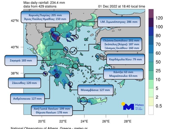 Απολογισμός της κακοκαιρίας Ariel. Πολύ μεγάλα ύψη βροχής σε πολλές περιοχές της χώρας (+αναλυτικός πίνακας)